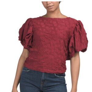 NWT Kaktus Women's Burgundy Textured Blouse w/ Puff Short Sleeves
